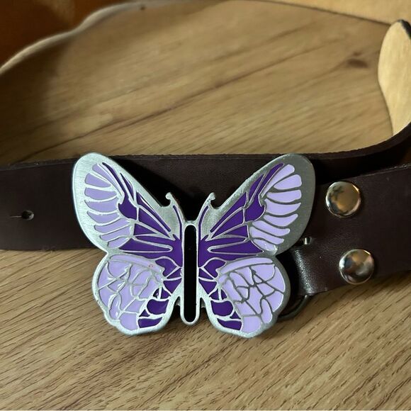 Vintage Pewter and Enamel Purple Butterfly Belt Buckle // genuine leather belt - Picture 1 of 3